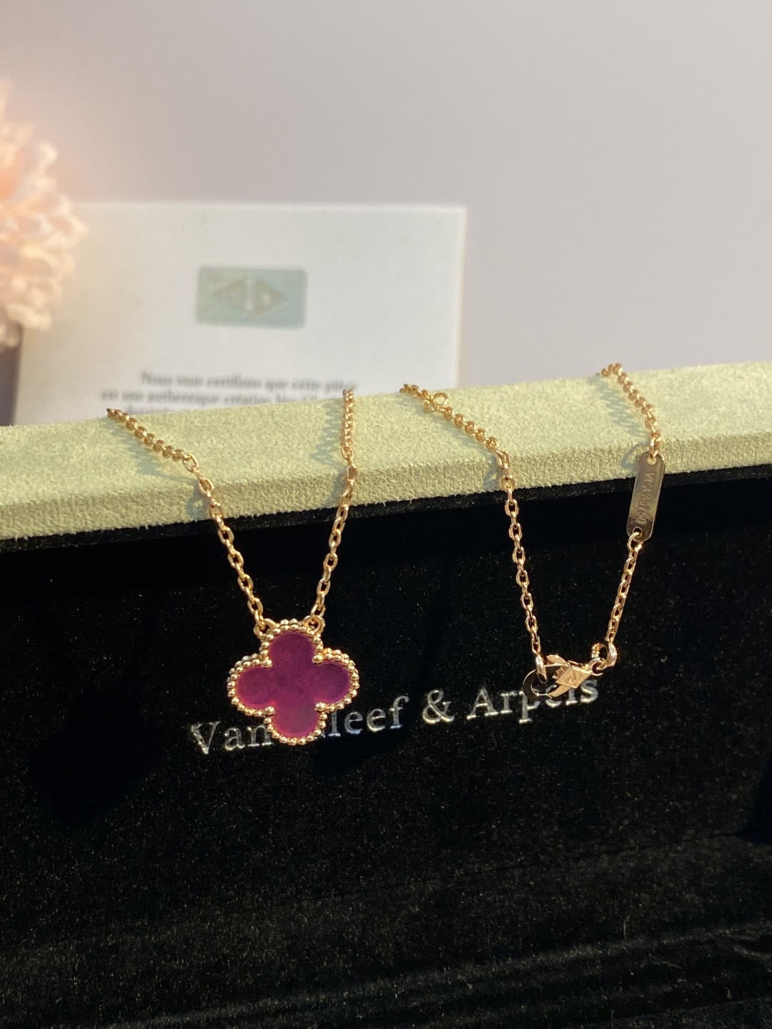 Van Cleef & Arpels Vintage Alhambra Pink Enamel Gold Necklace